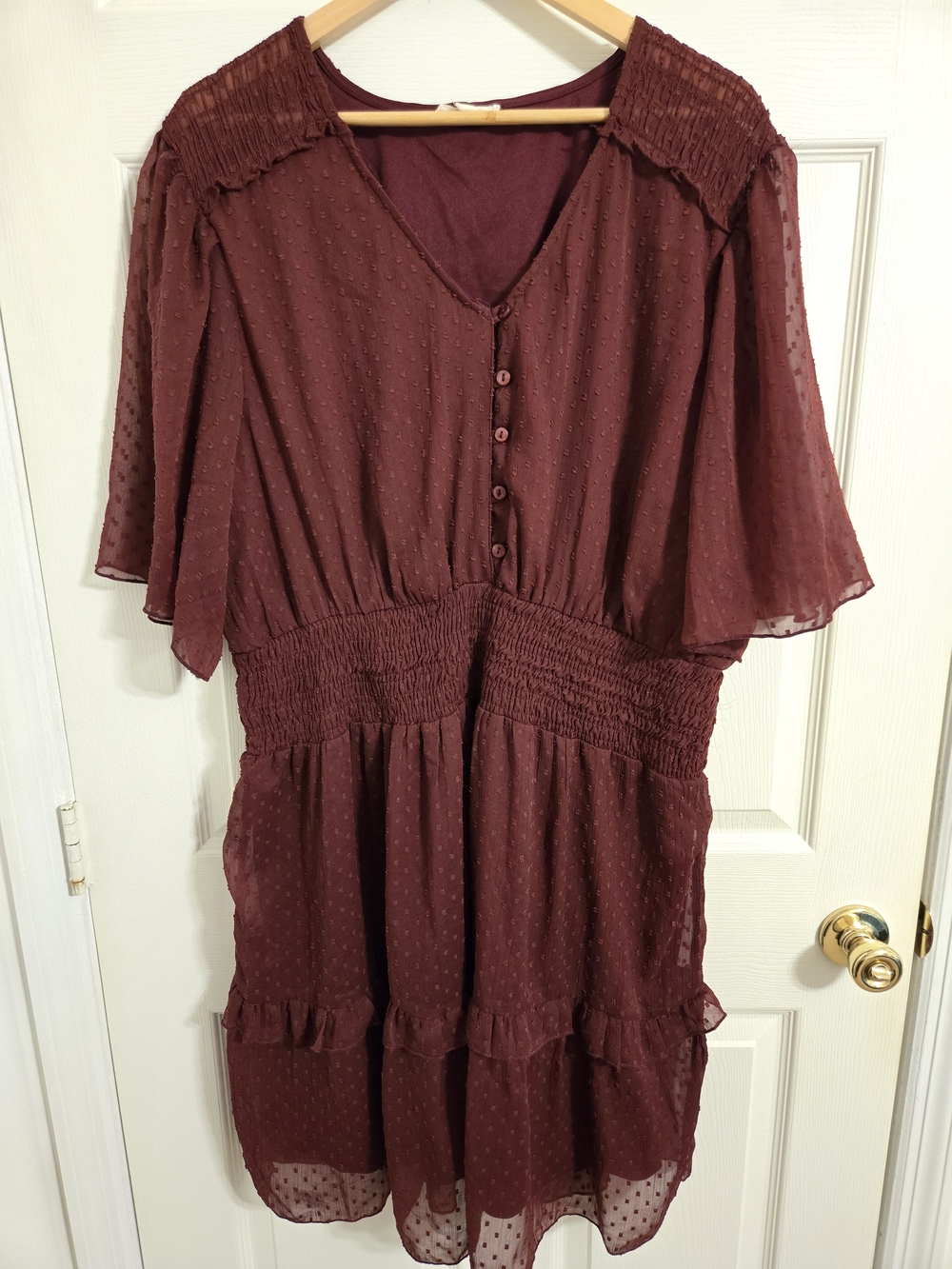 Women's Burgundy Smocked Waist Chiffon Dress Kings Road Size 2X